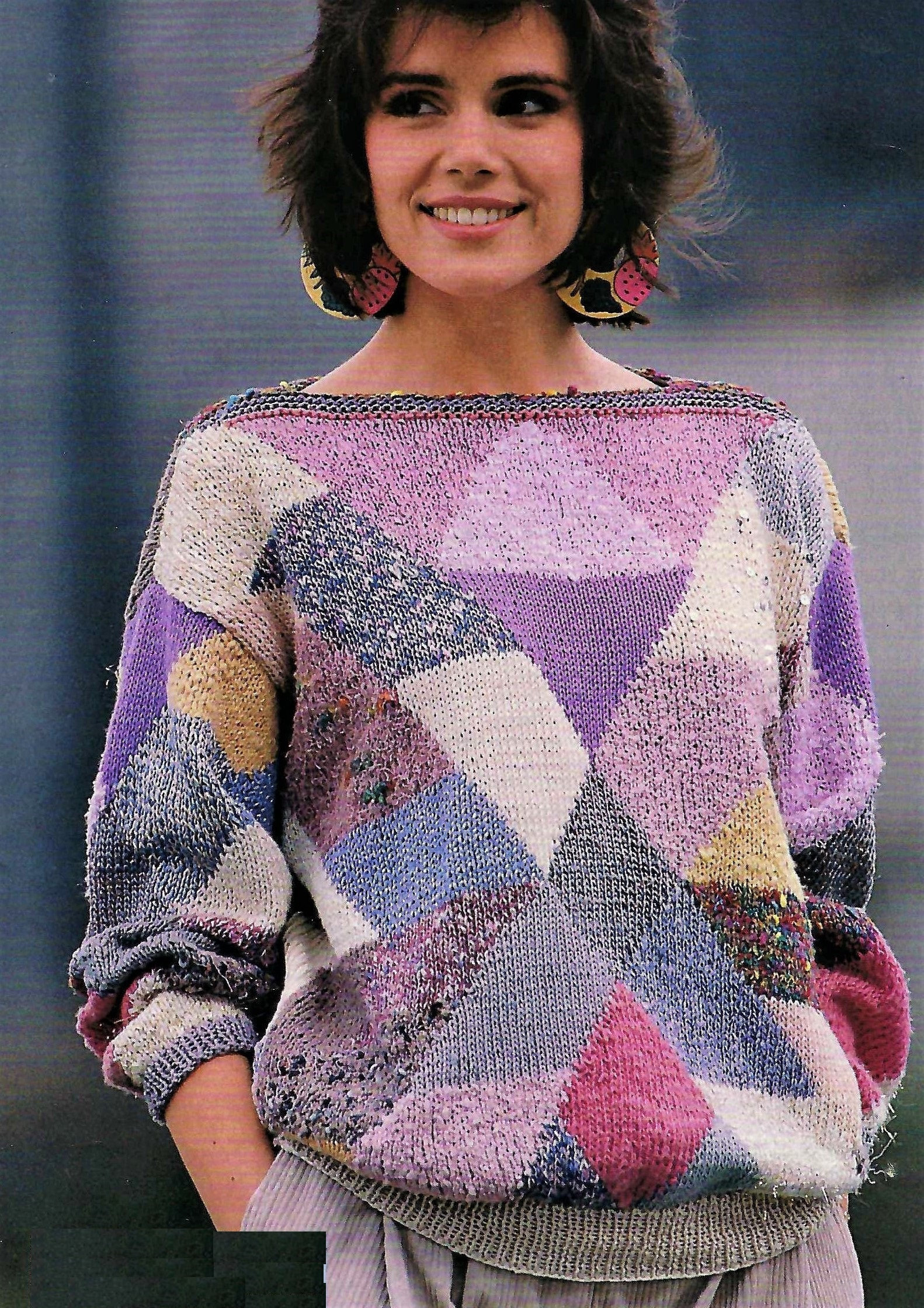 Ladies Patchwork Colour Block Sweater Easy Design Slash Neck Jumper PDF Knitting Pattern DK ( 8 ply ) 32 - 38" Yarn Buster Vintage Beginners