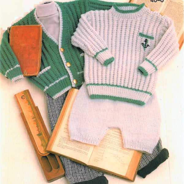 Baby Boys Fishermans Rib V Neck Cardigan Sweater Jumper Shorts PDF Knitting Pattern DK ( 8 ply ) 18 - 26" pockets Vintage 271 Download