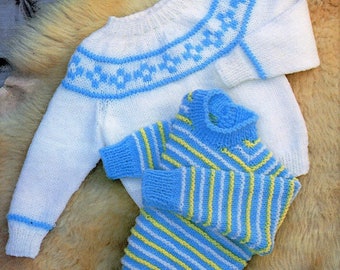 PDF Knitting Pattern Baby Boys Girls Fair Isle Yoke sweater Striped Jumper Pullover 18 - 24" 3mths - 4 yrs 4 ply DK ( 8 ply ) Vintage 915