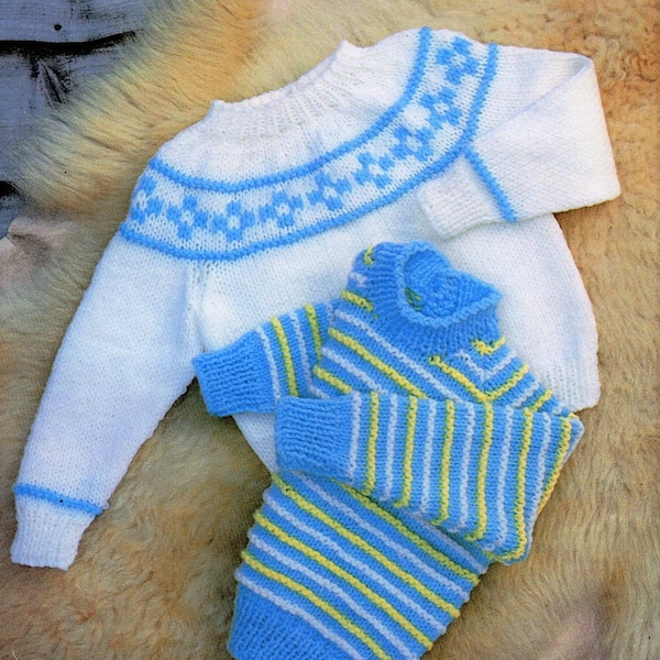 PDF Knitting Pattern Baby Boys Girls Fair Isle Yoke sweater Striped Jumper Pullover 18 - 24" 3mths - 4 yrs 4 ply DK ( 8 ply ) Vintage 915