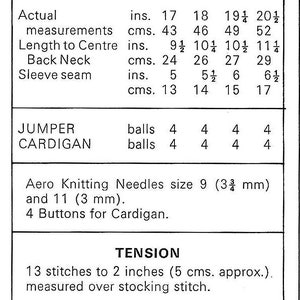 May include: Knitting pattern instructions for a jumper and cardigan. The pattern calls for 4 balls of yarn for each garment and uses Aero Knitting Needles size 9 (3 3/8 inches) and 11 (3 mm). The pattern also includes tension information: 13 stitches to 2 inches (5 cm).