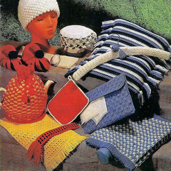 Bazaar Book Gifts Tea Cosy Coat Hanger Belt Slippers Bag 12 items Hot Water Bottle Cover PDF Crochet & Knitting Pattern DK Chunky Vintage