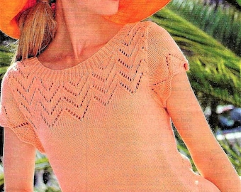 Ladies Short Sleeve Summer Top PDF Knitting Pattern Chevron Zig Zag Eyelet Design Sweater DK 8 ply 32 - 54" Plus Sizes Download