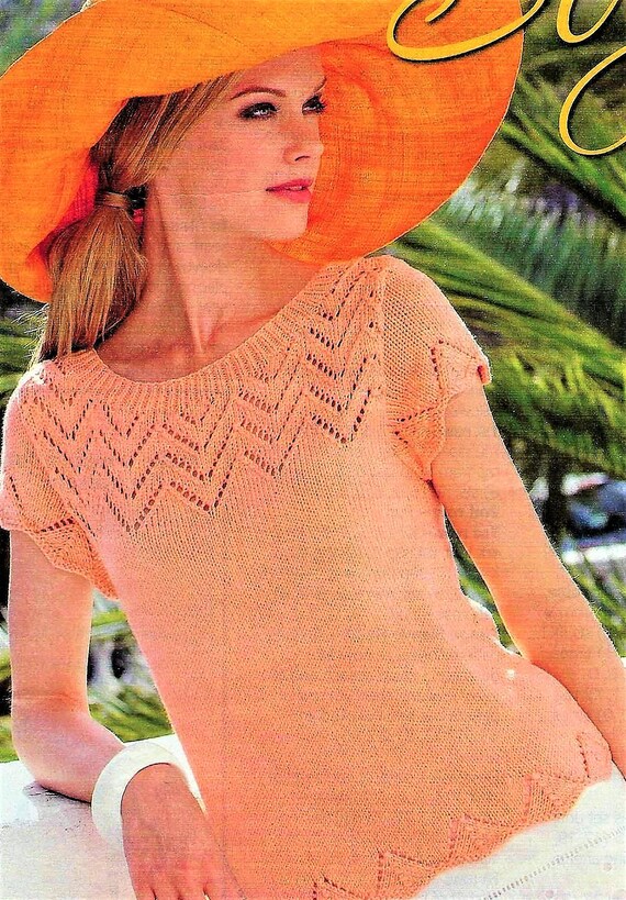 Ladies Chevron Zig Zag Eyelet Design Short Sleeve Summer Top Sweater PDF Knitting Pattern DK 8 ply 32 54