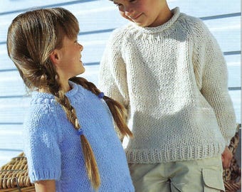 Quick & Easy Super Chunky Childs Sweater Boys Girls Plain Jumper Short Sleeve Top PDF Knitting Pattern Toddler 22 - 32" Age 1 - 12 Vintage