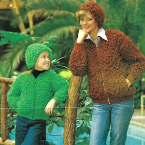 ladies Girls Loopy Jacket Cardigan & Hat Zip Up Front Womens PDF Knitting Pattern DK ( 8 ply ) 24 - 38" Age 3 - Adult Vintage Downloadable