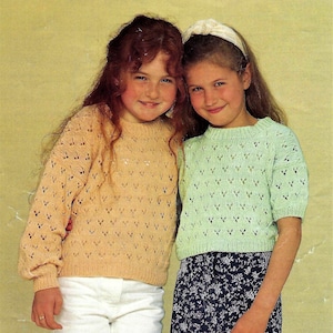 Girls Pretty Eyelet Summer Top Sweater Jumper Crop Short Sleeve PDF Knitting Pattern Cotton DK ( 8 ply ) 20 - 30&quot; 1 - 11 years Vintage