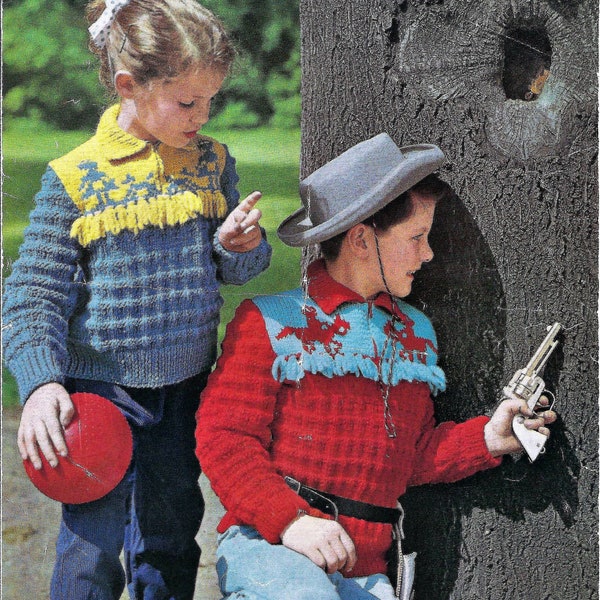 Childs Cowboy Cowgirl Sweater Western Style Fringed Jumper Girls & Boys PDF Knitting Pattern Aran ( 10 ply, worsted ) 26 - 32" Age 5 - 12