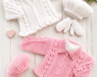 Girls Aran Peplum Jacket Beret Knitting Pattern PDF Toddler Bobble Cardigan Hat & Mittens 10 ply Worsted  16 - 26" Age 0 - 6 yrs Download
