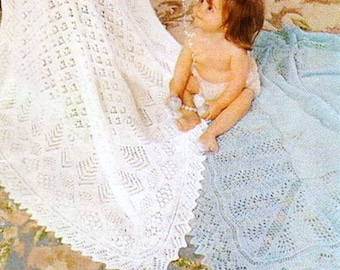 PDF Knitting Pattern 2 x Lacy Baby Shawls Square Blanket Delicate Vintage Heirloom Set 3 ply & 2 ply 50 x 50" Downloadable