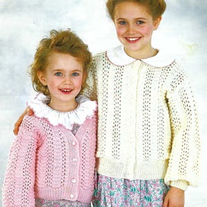 Girls Fan Lace V Neck Cardigan Knitting Pattern PDF Childs V Round Neck Lacy Summer Jacket DK 8ply 24 - 30&quot; Age 3 - 10 yrs Vintage Download