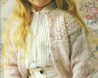 Girls Pretty Lace Yoke Cardigan Toddler Baby Round Neck PDF Knitting Pattern DK 8ply 20 - 26" 6mths - 6 years Vintage Downloadable
