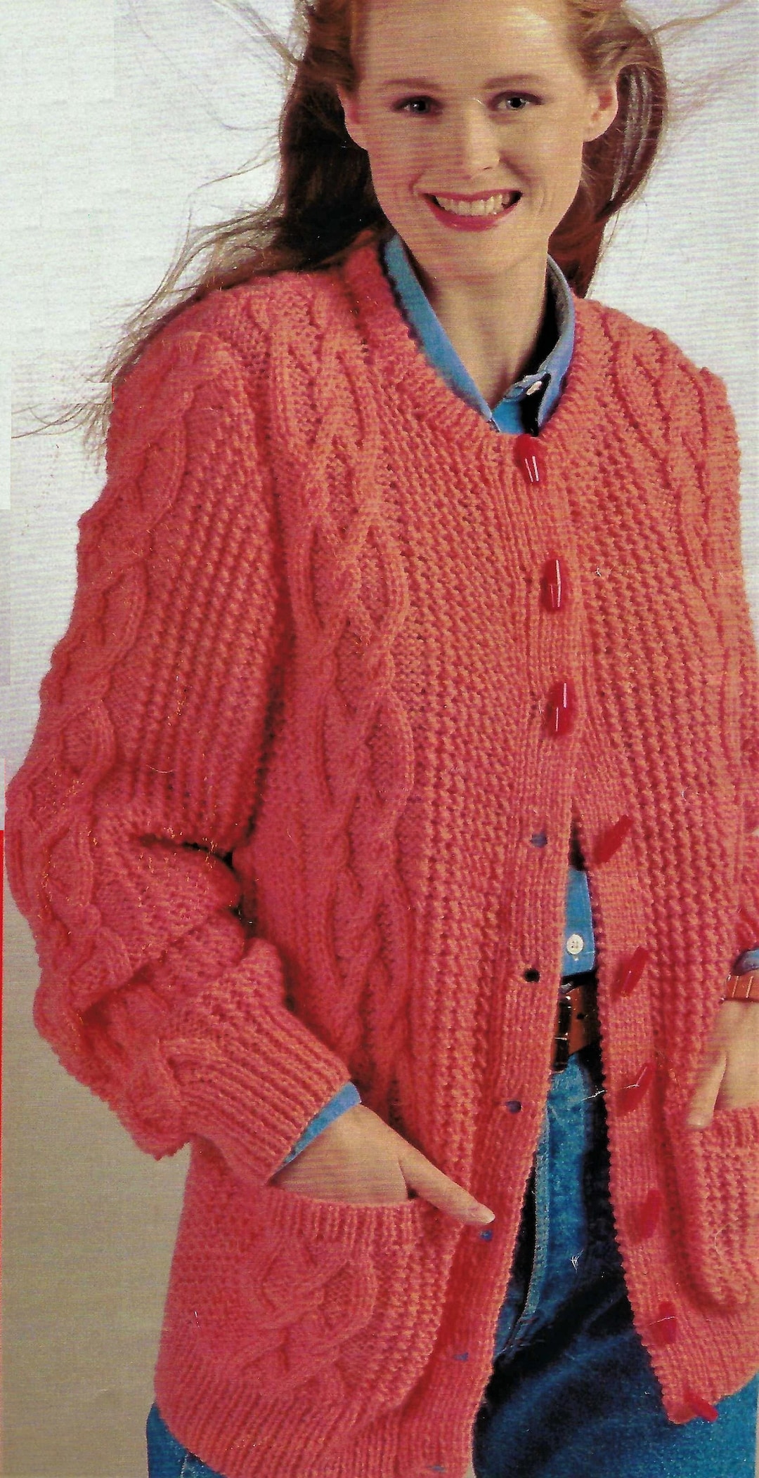 Ladies Long Twist Cable Jacket Cardigan Pockets Round Neck PDF Knitting ...