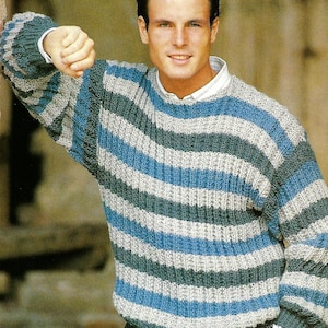 Mens Striped Fishermans Rib Sweater Jumper Pullover PDF Knitting Pattern Aran ( 10 ply, Medium Worsted ) 36 - 42&quot; Vintage Download