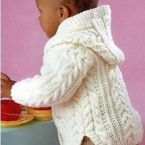 PDF Knitting Pattern Baby Girls Boys Hooded Cable Jacket Coat Cardigan with Pockets Childs Aran ( 10 ply, worsted ) 18 - 28&quot; 3mths - 8 yrs