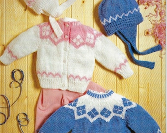 Baby Boys Girls Fair Isle Yoke Cardigan Sweater Jumper Jacket Helmet Hat PDF Knitting Pattern DK ( 8 ply ) 18 - 22" 3 mths - 2 yrs