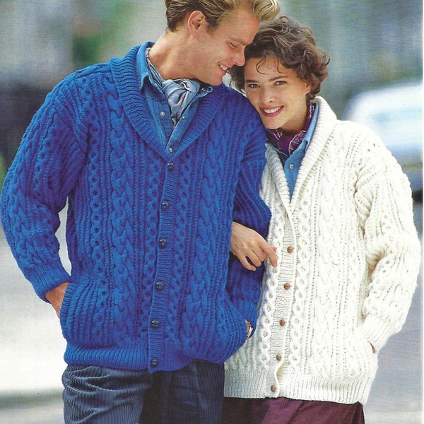 Mens Ladies Cable Jacket His & Hers Cardigan Shawl Collar PDF Knitting Pattern Aran ( 10 ply, Worsted ) 32 - 46" Vintage Download