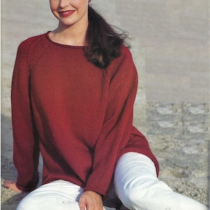 Ladies Casual Loose Fit Tunic Sweater Jumper Raglan Shaping Easy Plain PDF Knitting Pattern DK ( 8 ply ) 34 - 40&quot;