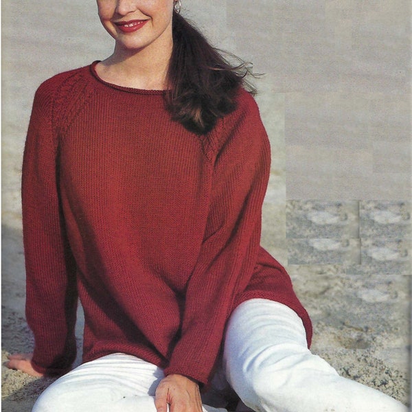 Ladies Casual Loose Fit Tunic Sweater Jumper Raglan Shaping Easy Plain PDF Knitting Pattern DK ( 8 ply ) 34 - 40"