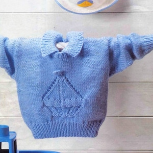 Baby Boys Boat Motif Eyelet Design Sweater Jumper PDF Knitting Pattern DK ( 8 ply ) 16 - 24&quot; 0 - 4 yrs Digital Download Vintage