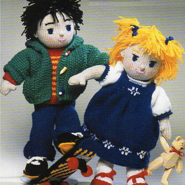 Boy & Girl Rag Doll Toy with Removable Clothes Ragdoll Skateboard PDF Knitting Pattern DK ( 8 ply ) 15" 39cm Vintage Download
