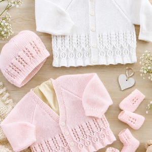 Baby Girls Frill Bottom Cardigan Beret Hat Mittens & Bootees Knitting Pattern PDF Toddler 4ply Jacket 12 - 22" Premature - 2 yrs Download
