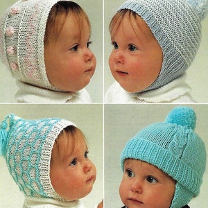 May include: Four different knitted baby hats in various colors and styles. The hats are all made with soft yarn and feature ear flaps for warmth.