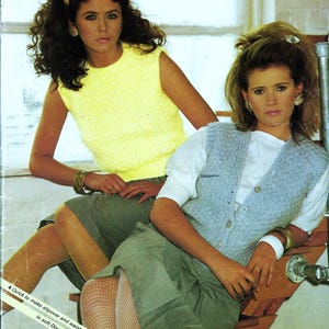 May include: A bright yellow sleeveless knit top and a light blue button-up knit vest. Both garments are paired with olive green skirts and white fishnet stockings. The text on the image reads: 4 Quick to make slipover and waistcoat -- each about 12 hours knitting. In soft Diana brushed chunky-fit sizes.