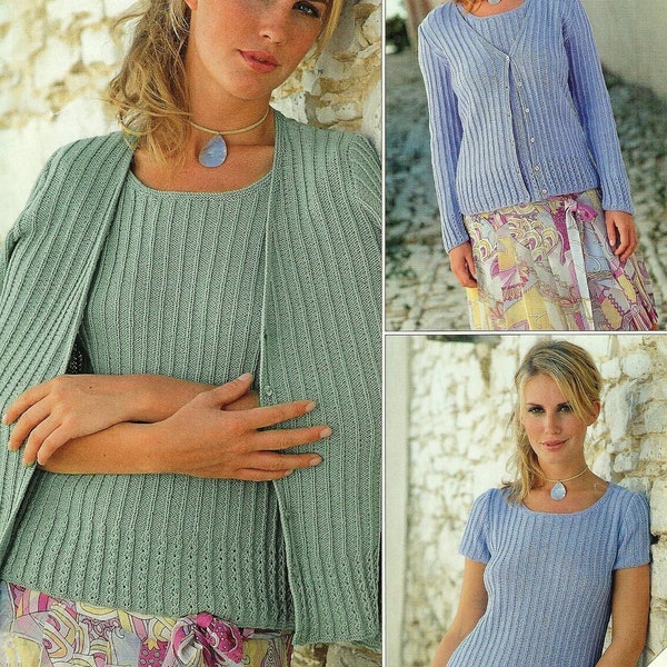Ladies Short Sleeve Scoop Neck Summer Top & Cardigan Twin Set Womens PDF Knitting Pattern 4 ply Fingering 32 - 54" Plus Sizes Downloadable