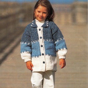 Girls Childs Long Winter Jacket Coat Patchwork Effect Large Stripe PDF Knitting Pattern Chunky ( Bulky, 12 ply ) 22 - 30&quot; 2 - 10 yrs Vintage