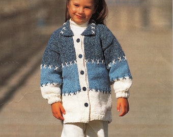 Girls Childs Long Winter Jacket Coat Patchwork Effect Large Stripe PDF Knitting Pattern Chunky ( Bulky, 12 ply ) 22 - 30" 2 - 10 yrs Vintage