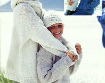 Family Hoody Mens Ladies Childs Easy Knit Chunky Hooded Sweater PDF Knitting Pattern Bulky 12ply 24 - 44" Age 3 - Adult Downloadable