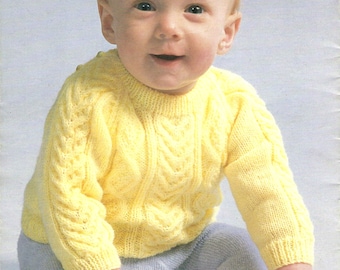 Baby Boys Cable Sweater Button Back Jumper Crew Neck PDF Knitting Pattern 4ply ( fingering ) 16 - 20" 0 - 12 mths Vintage Downlaod