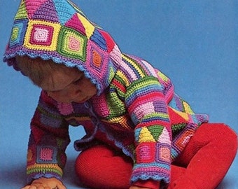 PDF Crochet Pattern Childs Granny Square Patchwork Hooded Jacket Cardigan 4 ply Fingering baby Girls Boys 6 - 12 mths Vintage Download