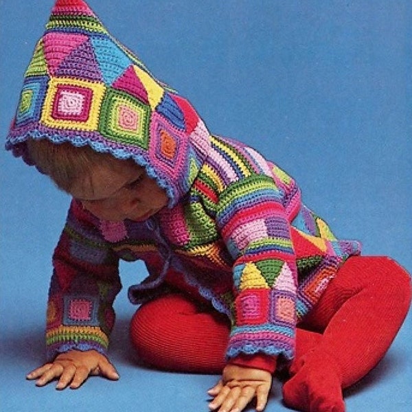 PDF Crochet Pattern Childs Granny Square Patchwork Hooded Jacket Cardigan 4 ply Fingering baby Girls Boys 6 - 12 mths Vintage Download