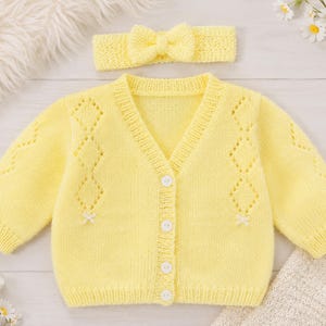 May include: A bright yellow knitted cardigan featuring a V-neckline, four white buttons, and delicate diamond-shaped eyelet patterns on the front panels. The set includes a matching yellow knitted headband adorned with a central bow detail.