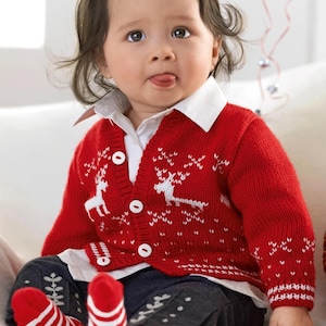 Baby Toddler Girls Reindeer Motif Christmas Cardigan Festive Knitting Pattern PDF DK 8ply 16 - 22&quot; 0 - 2 years Downloadable