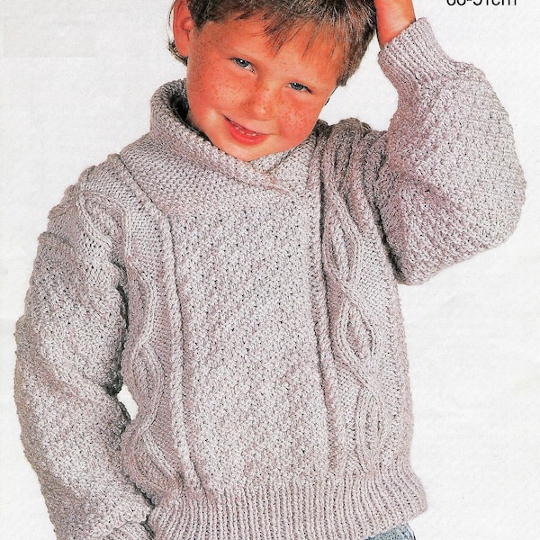 Childs Boys Cable Sweater Shawl Collar Jumper Pullover PDF Knitting Pattern Aran ( 10 ply, Worsted ) 26 - 36" Age 5 - 15 Vintage Download