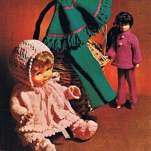 Teenage & Baby Dolls Clothes Outfits PDF Knitting Pattern 12 14 16&quot; DK ( 8 ply ) Dress Cardigan Bonnet vintage Download  Sindy 630