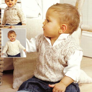 May include: A baby wearing a cream-colored knitted vest with a cable knit pattern. The vest is sleeveless and has a V-neck. The baby is sitting on a wooden floor and wearing blue jeans. The text "Birth to 7 years" is visible in the background.