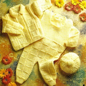 Baby Boys Complete Outfit Dungarees Jacket Cardigan Sweater Beret Tammy Hat PDF Knitting Pattern DK ( 8 ply )  16 - 22&quot; Vintage 986