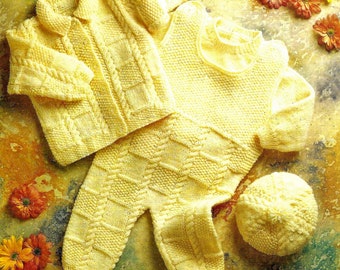 Baby Boys Complete Outfit Dungarees Jacket Cardigan Sweater Beret Tammy Hat PDF Knitting Pattern DK ( 8 ply )  16 - 22" Vintage 986
