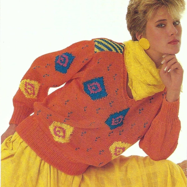 Ladies Bright 80s Style Sweater with Contasting Colour Motif V Neck Jumper PDF Knitting Pattern Bamboo DK ( 8 ply ) 32 - 36" Womens Vintage