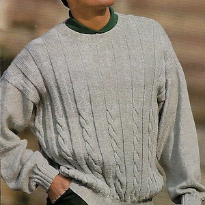 Mens Crew Neck Cable Sweater Jumper Pullover PDF Knitting Pattern Cotton Blend DK ( 8 ply ) 34 - 44&quot; Vinatge Download