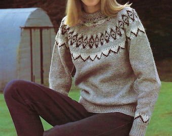 Womens Fair Isle Yoke Sweater Knitting Pattern PDF Ladies Yoked Jumper Pullover DK 8ply 32 - 38" Vintage Downloadable