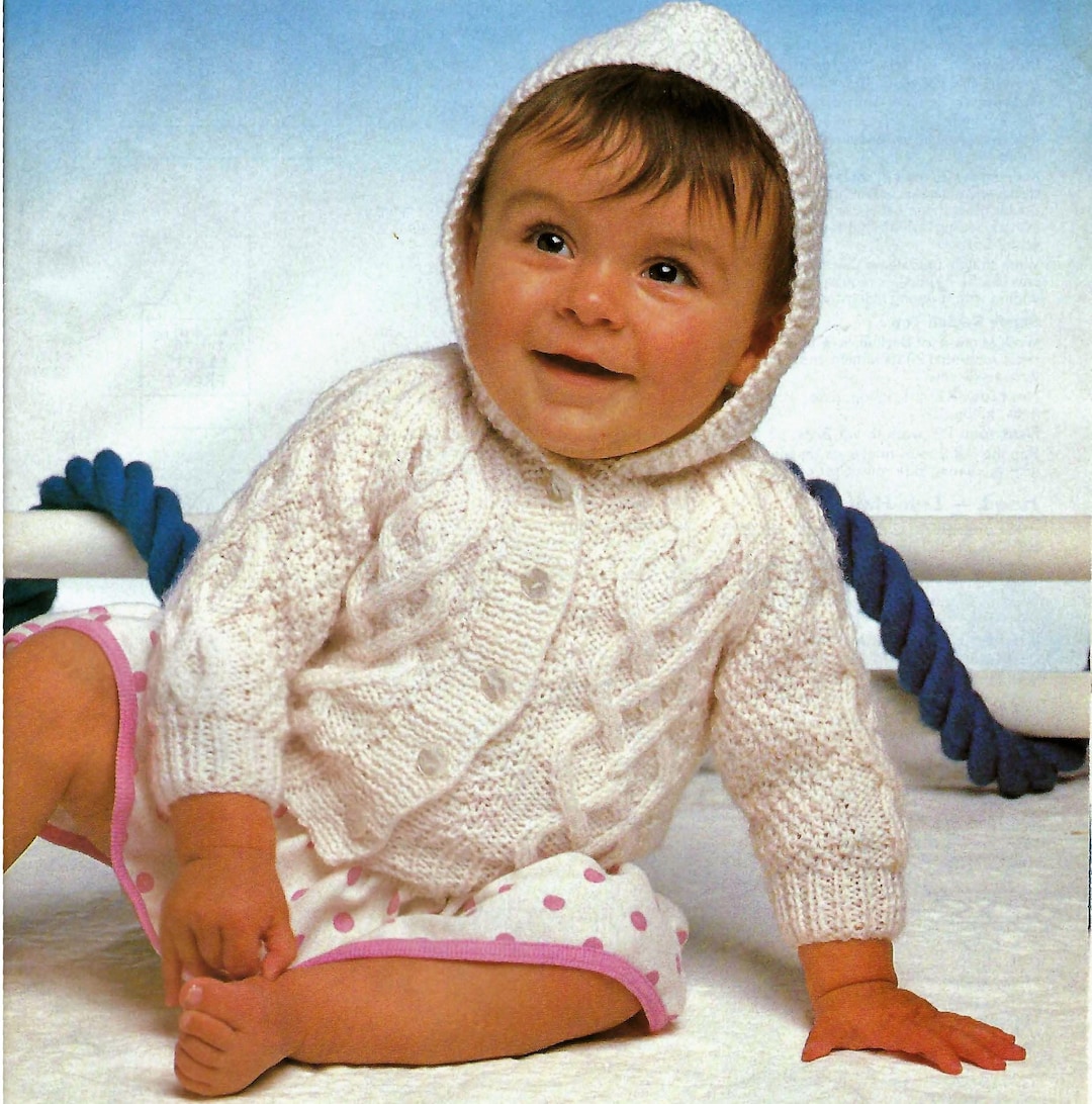 PDF Knitting Pattern Baby Hooded Jacket Cable Twist Design Cardigan DK