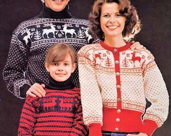 Mens Ladies Childs Christmas Fair Isle Reindeer Sweater Jumper Yoked Cardigan PDF Knitting Pattern DK ( 8 ply ) 28 - 44" Vintage