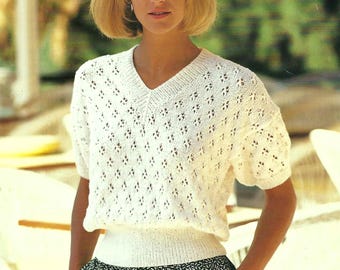 Ladies Simple V Neck Lace Sweater Womens Short Sleeve Jumper Top PDF Knitting Pattern DK 8ply 28 - 40" Vintage Downloadable
