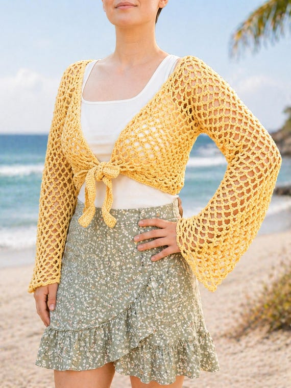 Crop Crochet Mesh Bolero Shrug Pattern PDF Womens Tie Front Bell Sleeve Summer Cover Up Top Cardigan 28 - 52" Cotton DK 8ply