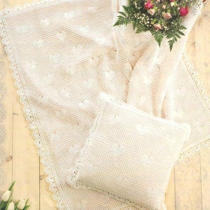 PDF Crochet Pattern Lacy Heart Motif Baby Shawl Cot Pram Blanket & Pillow Cushion Cover Cotton 4 ply ( Fingering ) Vintage Download
